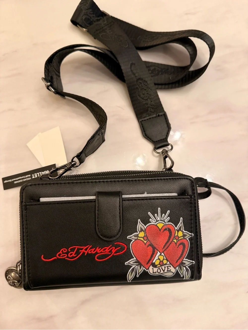Ed Hardy Black Crossbody Wallet with Red Heart Tattoo Embroidery